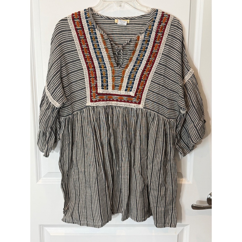 Sweet Magnolia Womens Boho Embroidered Striped Tunic Top Navy White Medium